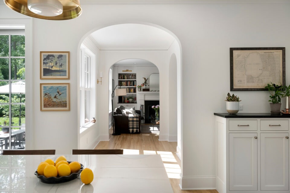 Kitchen and Living Room Archway Details in Minneapolis Custom Home Build