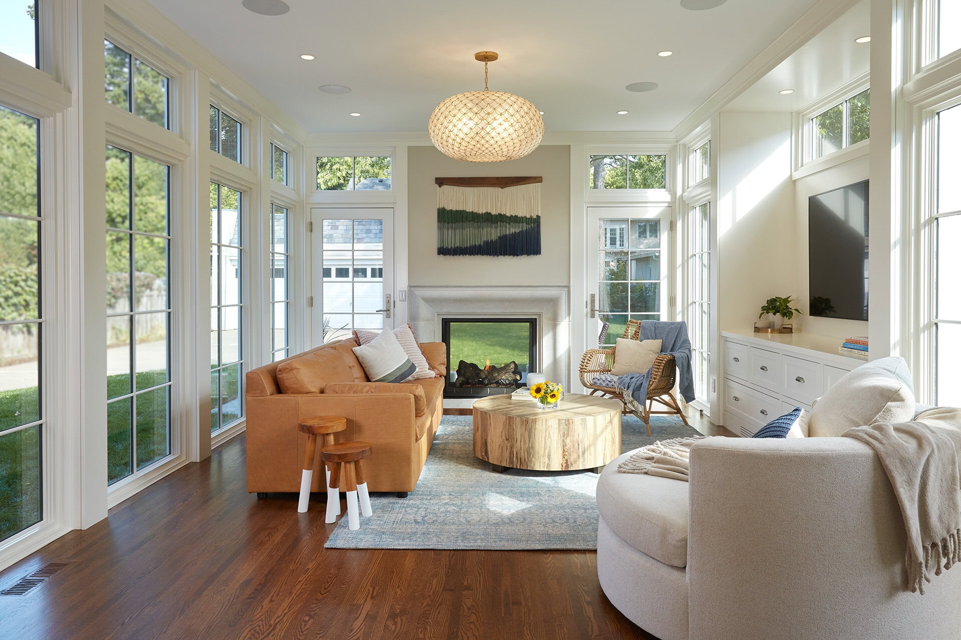 Sculptural Limestone Fireplace Surround in Lynnhurst, Minneapolis